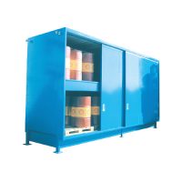 Conteneur bleu en acier avec bacs de rétention sur deux étages